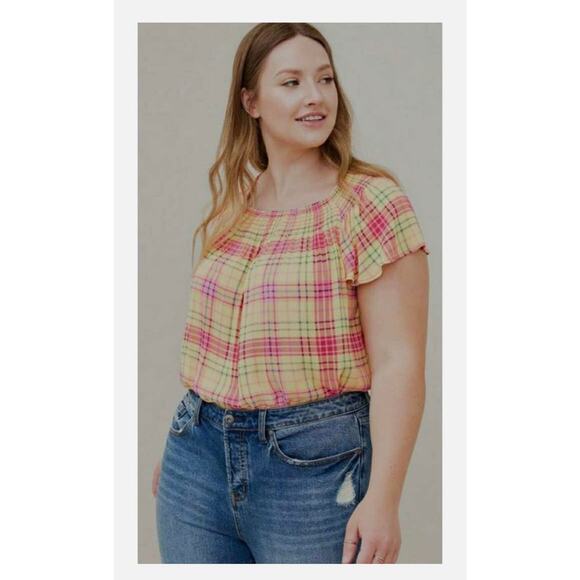 Torrid Flutter Sleeve Yellow & Pink Blouse - Size 3 (22/24) ** - Picture 1 of 8